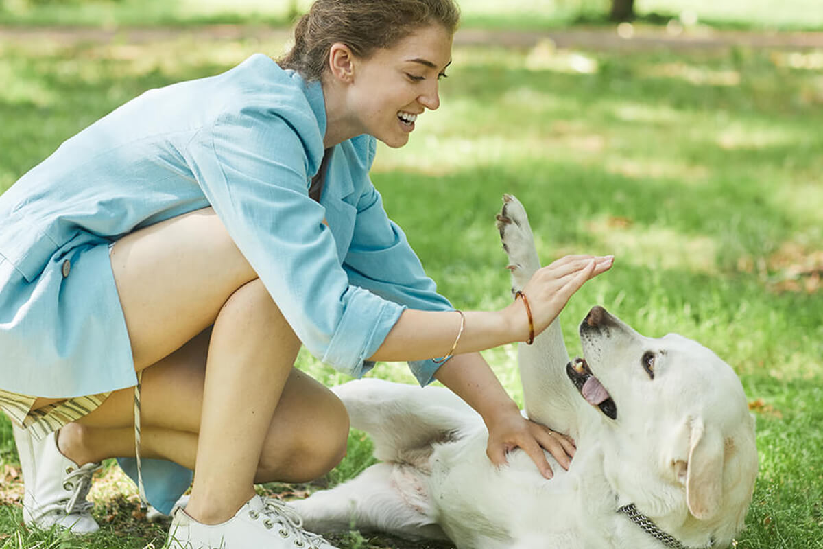 Woman playing with dog